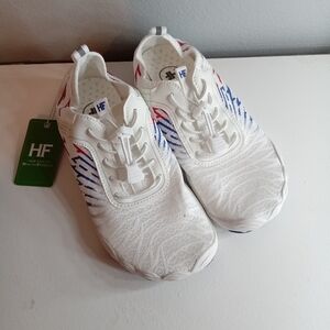 HF, Red, White and Blue Athletic Shoe. PRO ultra-light Barefoot.